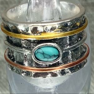 Tri-Tone Turquoise Silver Textured BoHo Ring